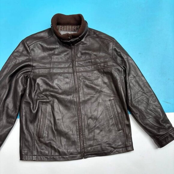Jackets & Blazers - Brown Faux Leather Zip Up Jacket With Ribbed Collar